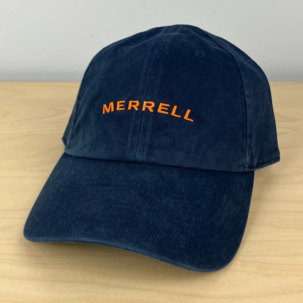 Merrell Unisex Mini Arch Dad Hat Navy Blue Orange Embroidered Logo Strapback NWT